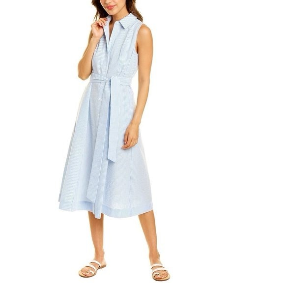 Anne Klein Dresses & Skirts - Anne Klein Blue Striped Seersucker Sleeveless Midi Shirt Dress